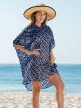 SHEIN Swim BohoFeel 1pc Full Print Batwing Sleeve Hooded Cover Up Dress