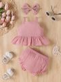 SHEIN Newborn Baby Girls' Summer Solid Color Short Camisole And Shorts 2pcs/Set