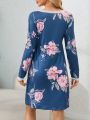 Maternity Lace Trimmed Floral Printed Long Sleeve Nightgown