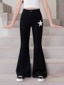 Girls' (Big) New Style Casual Fashionable All-Match Slimming Star Pattern Washed Denim Bell-Bottoms