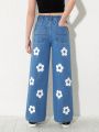 Girls' (Big) New Casual Fashionable White Floral Printed Washed Denim Wide Leg Jeans