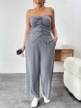 SHEIN Essnce Women's Plus Size Solid Color Pleated Button Front Bustier Top And Straight Pants Two Piece Suit