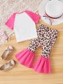 SHEIN Infant Girls' Cute Rabbit Leopard Print Colorblock Short Sleeve Top And Flared Pants Set