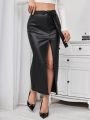 SHEIN Privé Women'S High Slit Belted Skirt