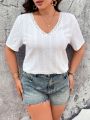 SHEIN Frenchy Plus Size V-Neck Short Sleeve T-Shirt With Eyelet Embroidery Detail