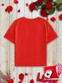 Tween Girls' Red Short Sleeve Casual T-Shirt With Love Heart Letter Print, Mommy & Me Matching Outfit (2 Pieces Sold Separately)