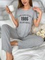 Casual Letter Print Round Neck Ribbed Short Sleeve Pants Pajama Set