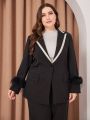 Plus Size Fuzzy Trim Contrast Trim Single-button Blazer And Trousers Set