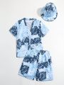 Tween Boys' Swimwear Set With Woven Fabric, Printed With Plant Pattern And Comes With Hat
