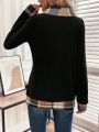 Contrast Plaid Trim Cowl Neck Sweatshirt