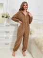 Half Zip Hooded Flannelette Lounge Jumpsuit