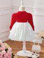 SHEIN Baby Girls' 3d Bear Knit Patchwork Tulle Flower Dress