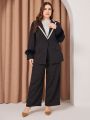 Plus Size Fuzzy Trim Contrast Trim Single-button Blazer And Trousers Set