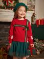 Little Girls' Christmas Pattern Bow Decorated Round Neck Sweater