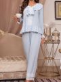 Women's Lace Patchwork Ruffle Hem Long Sleeve Sleepwear Set