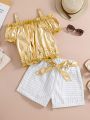 Teen Girl's Bubble Sleeve Top With Reflective Fabric Matching Striped Shorts, 2pcs/Set