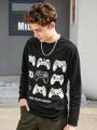 SHEIN Teenage Boys' Casual Comfortable Knitted Long Sleeve T-shirt With Game Controller Pattern