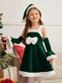 SHEIN Kids FANZEY Toddler Girls' Contrast Color Plush Suspender Dress With Sleeves