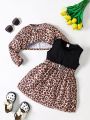 SHEIN Kids EVRYDAY Little Girls' Casual And Cute Fashionable Leopard Printed Short Top, Sleeveless Heart Belted Dress Set For Autumn And Winter