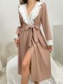 Lace Patchwork Long Sleeve Women's Bathrobe