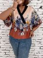 Plus Size Wrap Neck Floral Printed Blouse