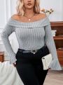 SHEIN Essnce Off Shoulder Vertical Stripe Versatile Plus Size T-Shirt