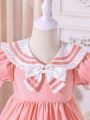 SHEIN Kids CHARMNG Young Girl's Lovely Lace Ruffle Hem Bubble Short Sleeve Pink & White Dress For Summer