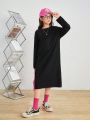 SHEIN Tween Girls Loose Casual Round Neck Mid-Length Letter Pattern Dress