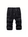 SHEIN Baby Boys' Casual Loose Fit Elastic Waist Contrast Color Panel Straight Jeans With Faux Fly