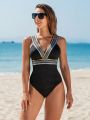 SHEIN Swim Vcay Women'S Woven Strap Patchwork One Piece Swimsuit