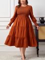 SHEIN Privé Plus Size Shirred Solid Color Puff Sleeve Dress