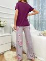 Floral Printed Short Sleeve Top And Long Pants Pajama Set