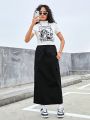 Teen Girls' Stand Collar Portrait Print T-Shirt And Split Hem Skirt With Pockets Set