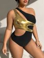 SHEIN Swim SXY Plus Size Women'S Color Blocking One Shoulder One-Piece Swimsuit