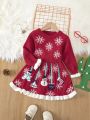 Baby Girl Snowflake Pattern Flounce Sleeve Ruffle Hem Sweater Dress