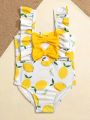 Baby Girl Lemon Print Bow Front Ruffle Trim One Piece Swimsuit