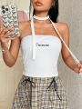 SHEIN Qutie Women's Strapless Ribbed Bandeau Top With Embroidered Letters Detail And Decorative Belt