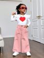 SHEIN Kids Cooltwn Little Girls' Fashionable Sports Woven Solid Color Straight Pants