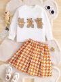 Little Girls' 2pcs/set Cute Embroidered Long Sleeve Top And Plaid Skirt For Fall