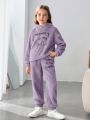 SHEIN Kids Y2Kool Girls' Embroidered Letter Hoodie And Pants Set In Double-sided Velvet Fabric