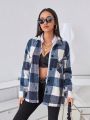 SHEIN Essnce Ladies' Plaid Turn-down Collar Woolen Overcoat With Flap Pockets