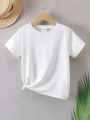 SHEIN Kids EVRYDAY Young Girl's Fashionable Short Sleeve T-Shirt With Back Letter Print