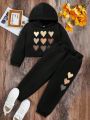 Little Girls' Casual Heart Pattern Sweatshirt 2pcs/set For Autumn And Winter