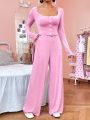 SHEIN Qutie Pink Knitted Lettuce Hem Edge Two Pieces Set