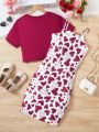 Teen Girls' Round Neck Short Sleeve T-Shirt And Heart Pattern Printed Suspended Dress Two-Piece Outfit