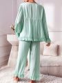 Contrast Lace Ruffle Trim Flounce Sleeve PJ Set