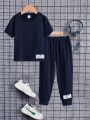 SHEIN Kids EVRYDAY Young Boy Round Neck Short Sleeve T-Shirt And Long Pants Fashion Casual Set