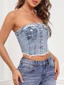 SHEIN Tall Women's Raw Hem Bandeau Denim Top