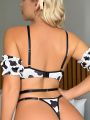 Cow Print Ruffle Trim Lingerie Set With 1pair Leg Ring