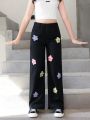 Tween Girl Floral Print Wide Leg Jeans